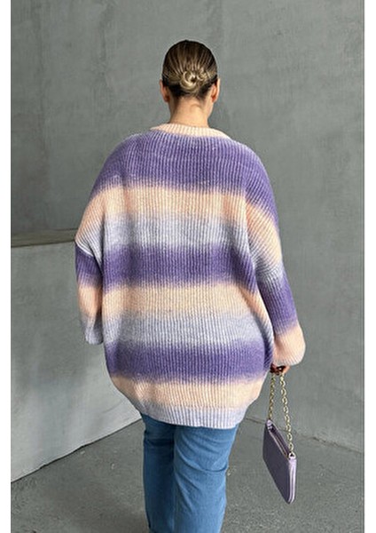 Büyük Beden Uzun Kollu Bisiklet Yaka Renk Bloklu Triko Kazak Dg-06