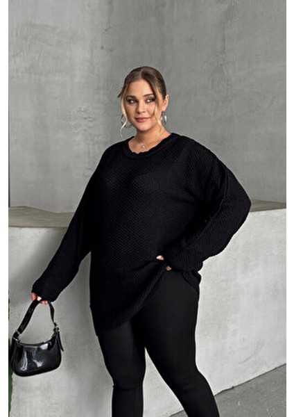 Büyük Beden Uzun Kollu Triko Kazak Kadın Bisiklet Yaka Düz Siyah Renk