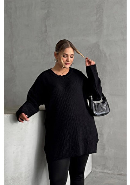 Büyük Beden Uzun Kollu Triko Kazak Kadın Bisiklet Yaka Düz Siyah Renk fiyatları