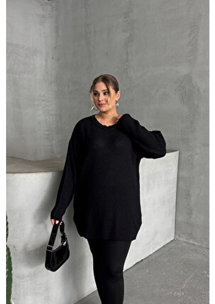 Büyük Beden Uzun Kollu Triko Kazak Kadın Bisiklet Yaka Düz Siyah Renk modelleri