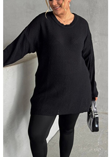 Büyük Beden Uzun Kollu Triko Kazak Kadın Bisiklet Yaka Düz Siyah Renk fırsatları