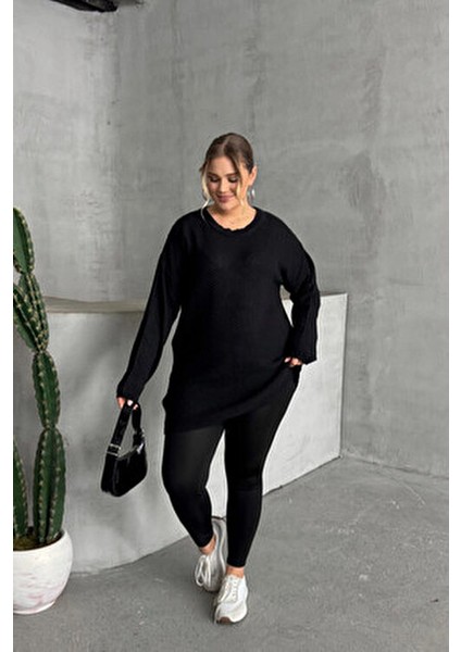 Büyük Beden Uzun Kollu Triko Kazak Kadın Bisiklet Yaka Düz Siyah Renk indirimleri