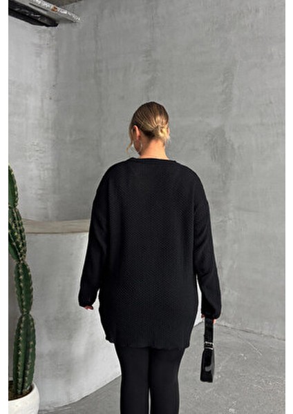 Büyük Beden Uzun Kollu Triko Kazak Kadın Bisiklet Yaka Düz Siyah Renk