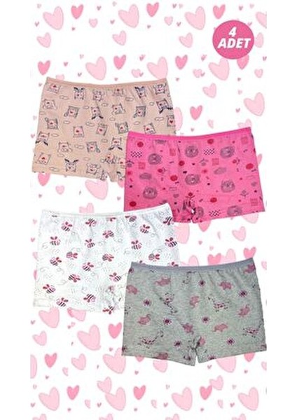 4 Adet Kız Çocuk Pamuklu Desenli Boxer