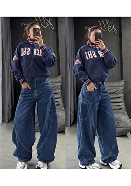 Y2K Kadın Mavi Ters Dikiş Detaylı Baggy Pantolon Geniş Paça Denim Model