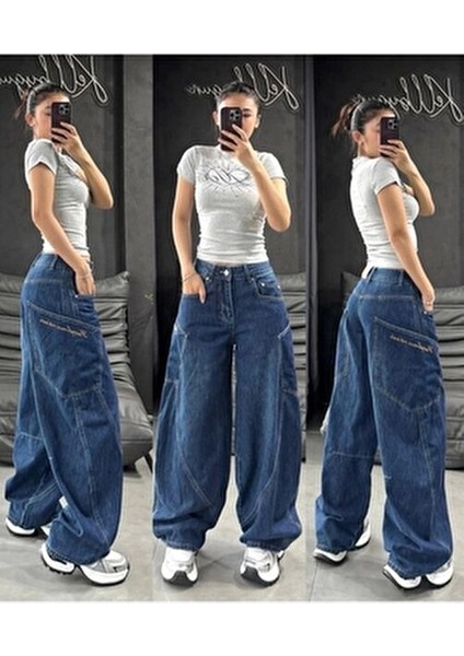 Y2K Kadın Mavi Ters Dikiş Detaylı Baggy Pantolon Geniş Paça Denim Model fiyatları