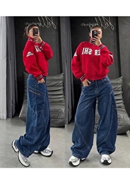 Y2K Kadın Mavi Ters Dikiş Detaylı Baggy Pantolon Geniş Paça Denim Model modelleri