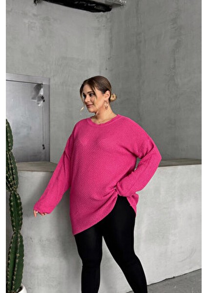 Büyük Beden Uzun Kollu Triko Kazak Kadın Bisiklet Yaka Düz Pembe Renk