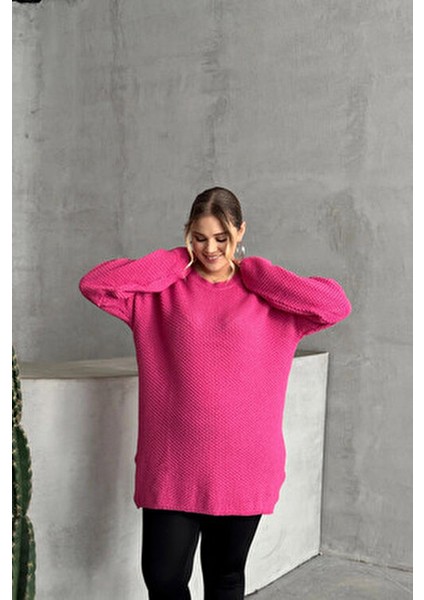 Büyük Beden Uzun Kollu Triko Kazak Kadın Bisiklet Yaka Düz Pembe Renk fiyatları