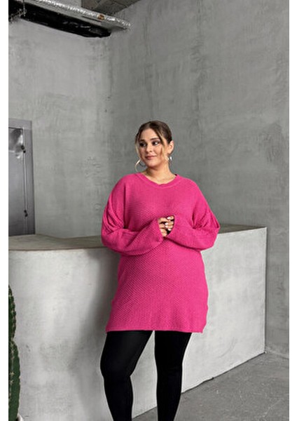 Büyük Beden Uzun Kollu Triko Kazak Kadın Bisiklet Yaka Düz Pembe Renk fırsatları