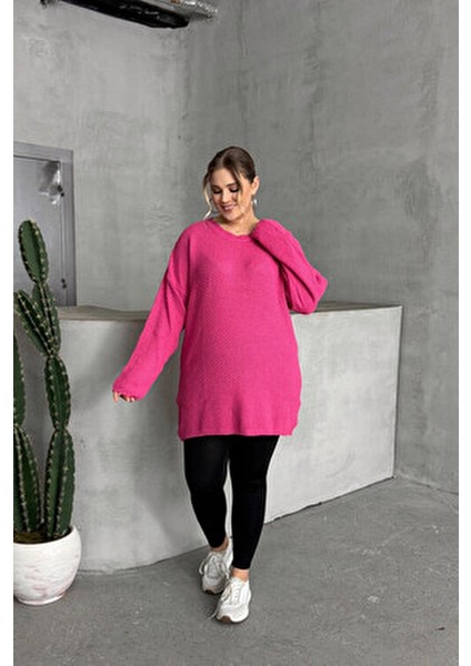 Büyük Beden Uzun Kollu Triko Kazak Kadın Bisiklet Yaka Düz Pembe Renk indirimleri