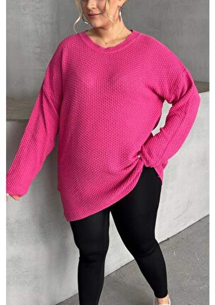 Büyük Beden Uzun Kollu Triko Kazak Kadın Bisiklet Yaka Düz Pembe Renk
