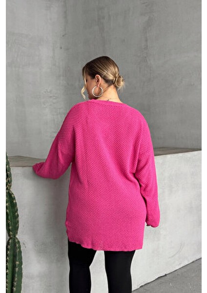 Büyük Beden Uzun Kollu Triko Kazak Kadın Bisiklet Yaka Düz Pembe Renk