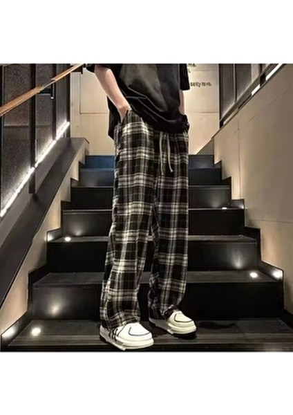 Unisex Kare Ekose Desenli Pamuklu Eşofman Altı Günlük Stil Uzun Paça Rahat Kalıp