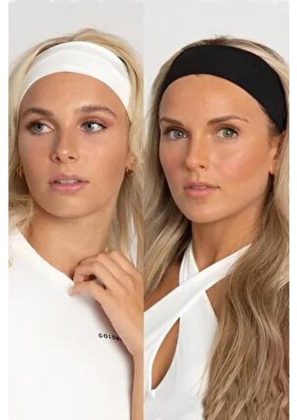 Kadın 2'li Pamuklu Siyah-Beyaz Esnek Bandana Saç Bandı Seti