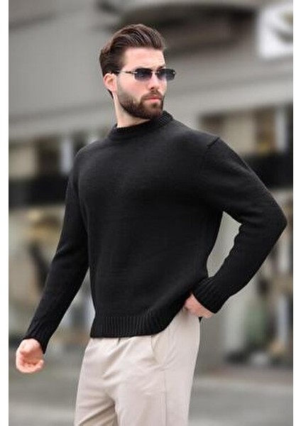 Siyah Bisiklet Yaka Overfit Erkek Triko Kazak E7402