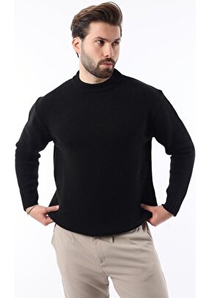 Siyah Bisiklet Yaka Overfit Erkek Triko Kazak E7402 modelleri