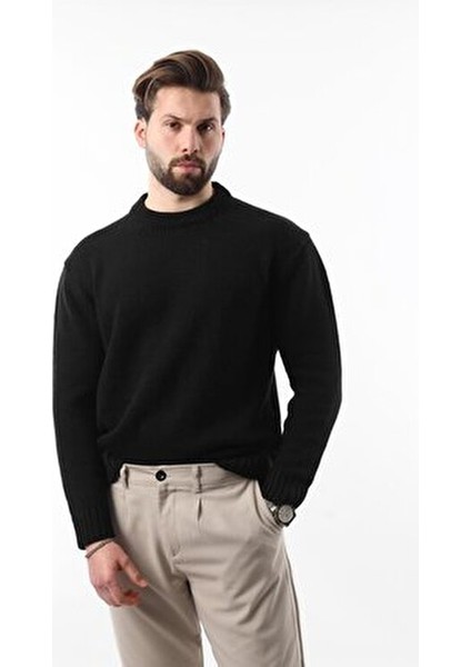 Siyah Bisiklet Yaka Overfit Erkek Triko Kazak E7402 fırsatları