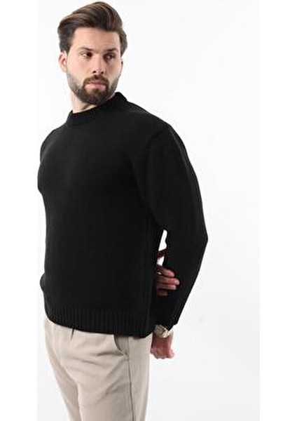 Siyah Bisiklet Yaka Overfit Erkek Triko Kazak E7402