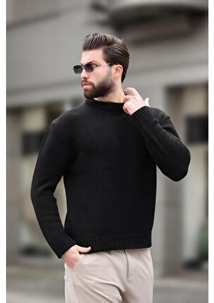 Siyah Bisiklet Yaka Overfit Erkek Triko Kazak E7402