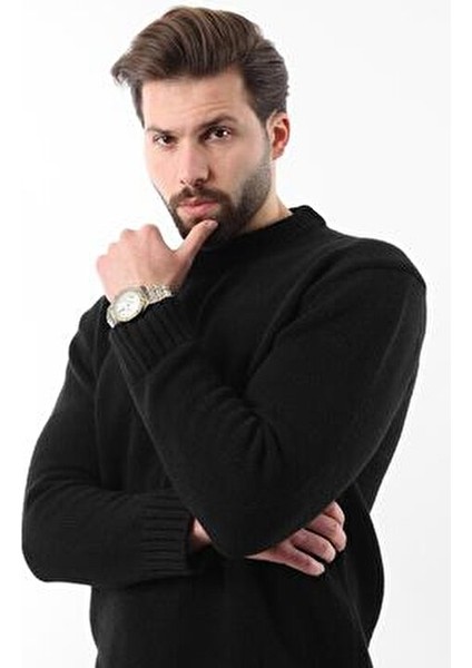 Siyah Bisiklet Yaka Overfit Erkek Triko Kazak E7402