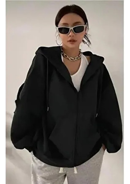 Unisex Siyah Kapüşonlu Fermuarlı Hırka %80 Pamuk %20 Polyester Düz Desen