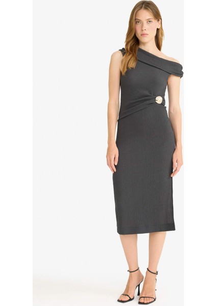 Regular Fit Bürümcük Tek Omuzlu Midi Elbise F9239AX25AU