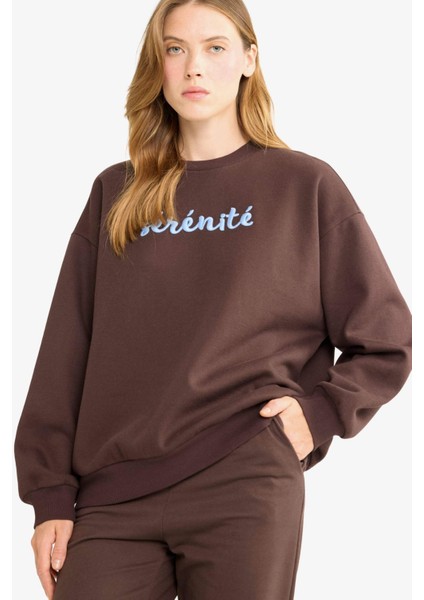 Oversize Geniş Kalıp Bisiklet Yaka Baskılı Sweatshirt G1823AX25WN