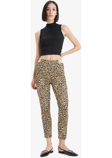 Sigaret Normal Bel Leopar Desenli Düz Paça Saten Pantolon J8741AZ25WN