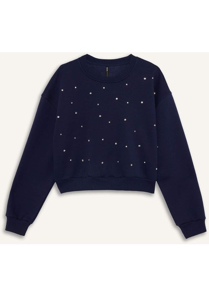 Boxy Fit Bisiklet Yaka İşlemeli Kalın Sweatshirt G2153AX25WN
