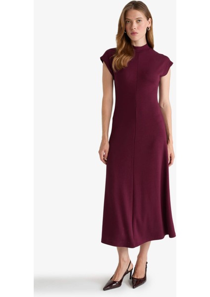 Yarım Balıkçı Yaka Ribana Kısa Kollu Midi Elbise F9956AX25AU