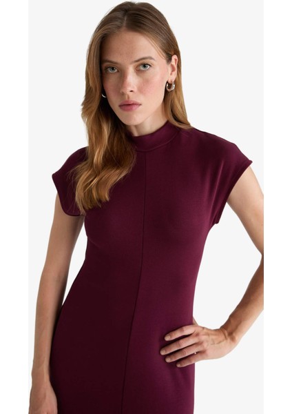 Yarım Balıkçı Yaka Ribana Kısa Kollu Midi Elbise F9956AX25AU fırsatları