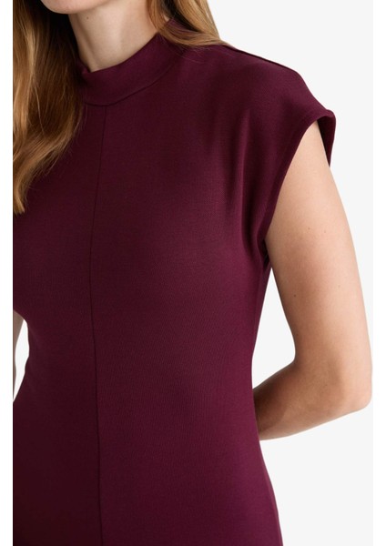 Yarım Balıkçı Yaka Ribana Kısa Kollu Midi Elbise F9956AX25AU