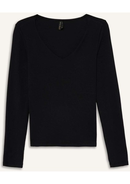 Slim Fit Dar Kesim Basic Düz Modal Uzun Kollu Tişört F7153AX25AU