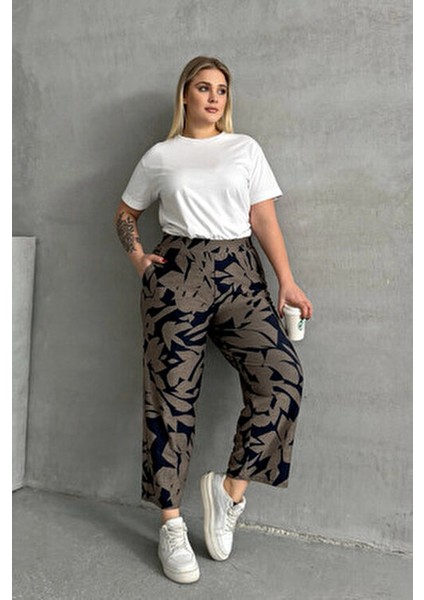 Büyük Beden Beli Lastikli Bol Paça Desenli Cepli Pantolon 74-109