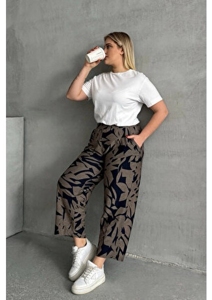 Büyük Beden Beli Lastikli Bol Paça Desenli Cepli Pantolon 74-109 fiyatları
