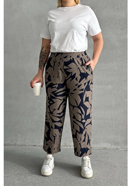 Büyük Beden Beli Lastikli Bol Paça Desenli Cepli Pantolon 74-109 fırsatları