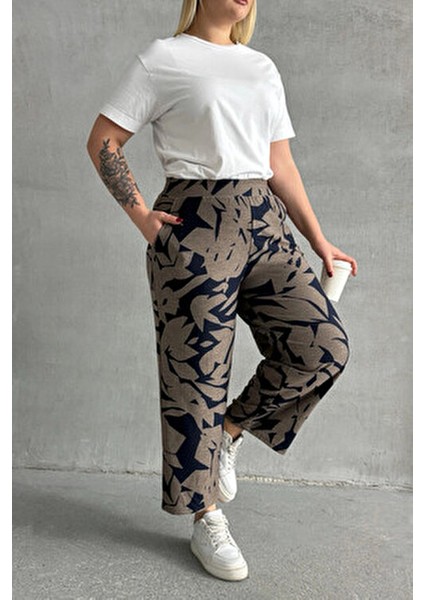 Büyük Beden Beli Lastikli Bol Paça Desenli Cepli Pantolon 74-109