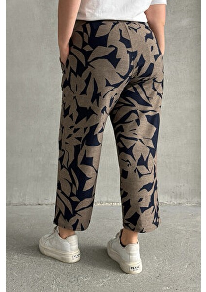 Büyük Beden Beli Lastikli Bol Paça Desenli Cepli Pantolon 74-109