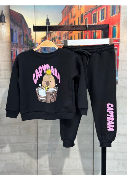 Matu Kids Siyah Capybara Baskılı 3 Iplik Kız Çocuk Eşofman Takım 3-10 Yaş