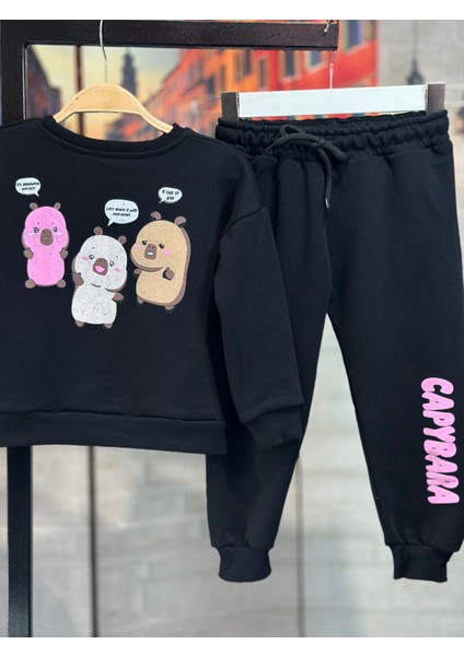 Matu Kids Siyah Capybara Baskılı 3 Iplik Kız Çocuk Eşofman Takım 3-10 Yaş fırsatları