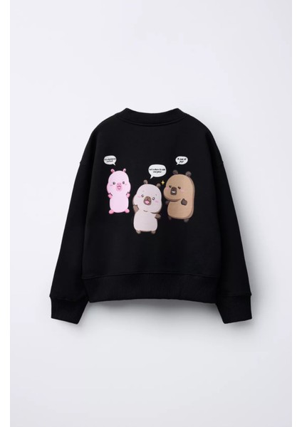 Matu Kids Siyah Capybara Baskılı 3 Iplik Kız Çocuk Eşofman Takım 3-10 Yaş