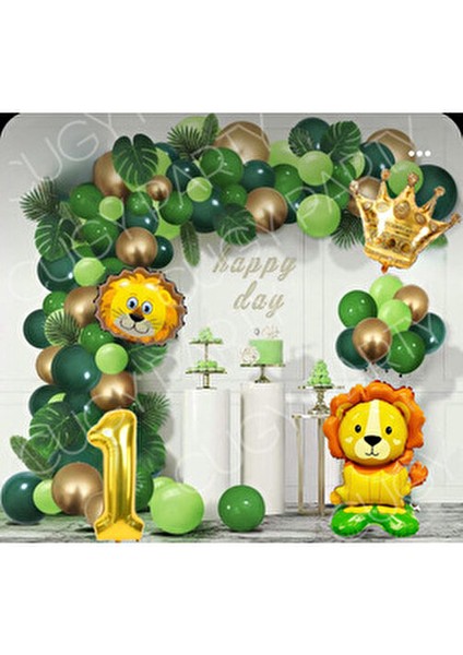Orman Kralı Aslan Figürlü Temalı Yeşil Balon Seti Yaş Rakamlı Doğum Günü Süsü