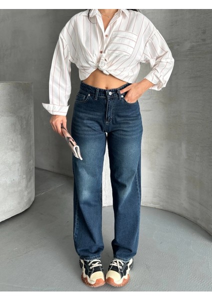 Palazzo Bıyık Enzim Yıkama Jeans Pantolon Koyu Mavi D2008 fırsatları