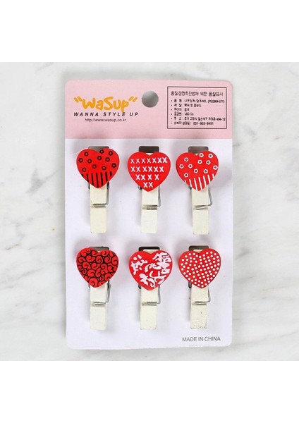 Loren Dekoratif Kırmızı Kalp Desenli Mandal 6'lı