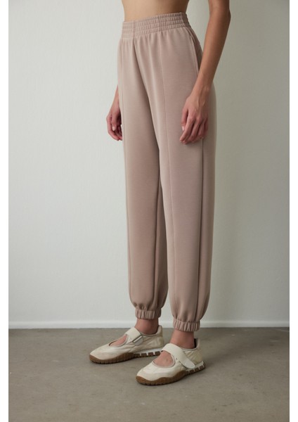 Bej Yüksek Bel Dikiş Detaylı Modal Jogger