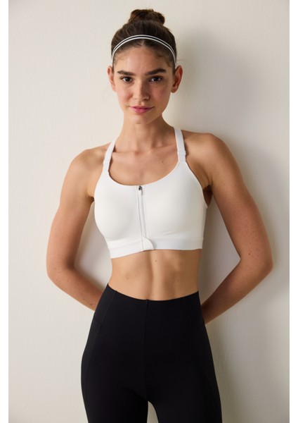 Beyaz Fermuarlı Yüksek Destekli Kaplı Spor Sütyeni