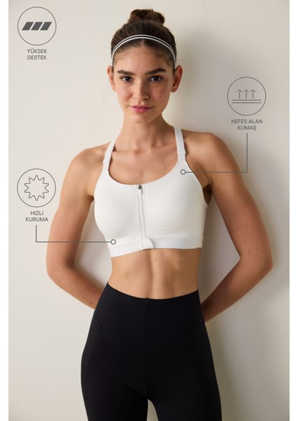 Beyaz Fermuarlı Yüksek Destekli Kaplı Spor Sütyeni fiyatları