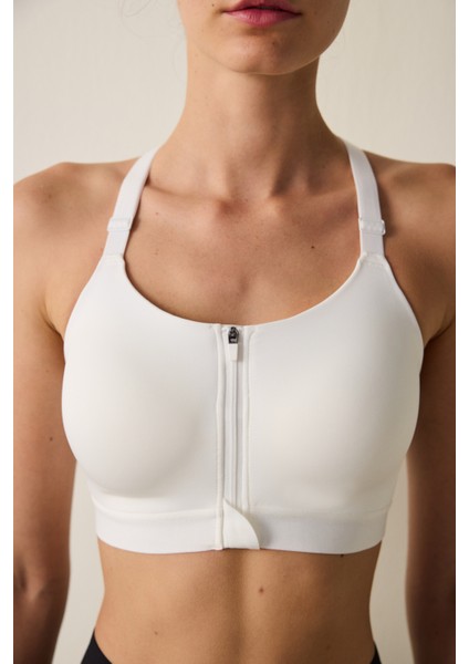 Beyaz Fermuarlı Yüksek Destekli Kaplı Spor Sütyeni fırsatları