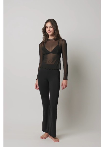 Siyah Transparan Bisiklet Yaka Uzun Kollu Üst